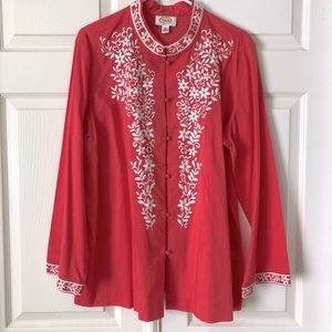 TALBOTS Size XL~100% Cotton~Coral & White Embroidered Button Front Tunic Top